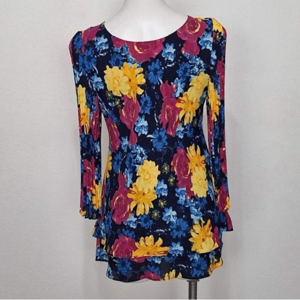 Laurie Felt Multicolor Floral Retro Bohemian Pleated Bell Sleeve Blouse Size XXS - Picture 7 of 13
